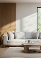 Modern living room featuring a stylish gray sofa and wooden accents