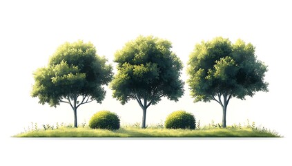Obraz premium Three Lush Green Trees and Shrubs Landscape Illustration, Nature Scene, Garden Design