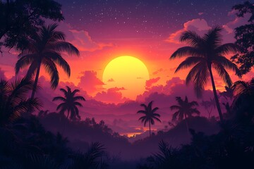 Fototapeta premium Tropical Sunset Landscape Vibrant Palm Trees Silhouette at Dusk