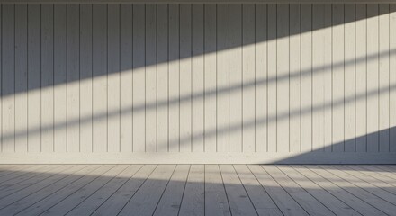 Fototapeta premium Wooden Wall with Sunlight Shadows and Floor - Minimalist interior design, sunlight streaming, wooden wall panels, light wood floor, calm atmosphere. Symbolizes serenity, simplicity, warmth, nature