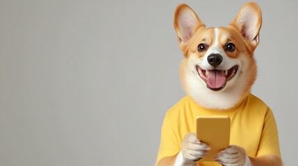 Happy Corgi Dog Holding a Smartphone in a Bright Yellow Shirt