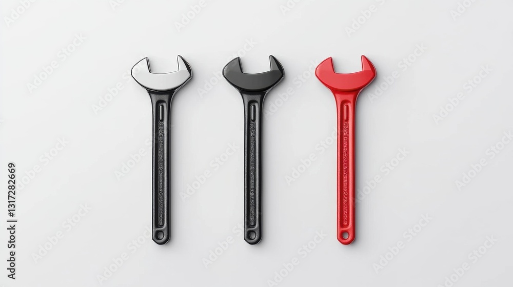 Poster set of three adjustable wrenches in black, red, and silver on a white background for tools and mecha