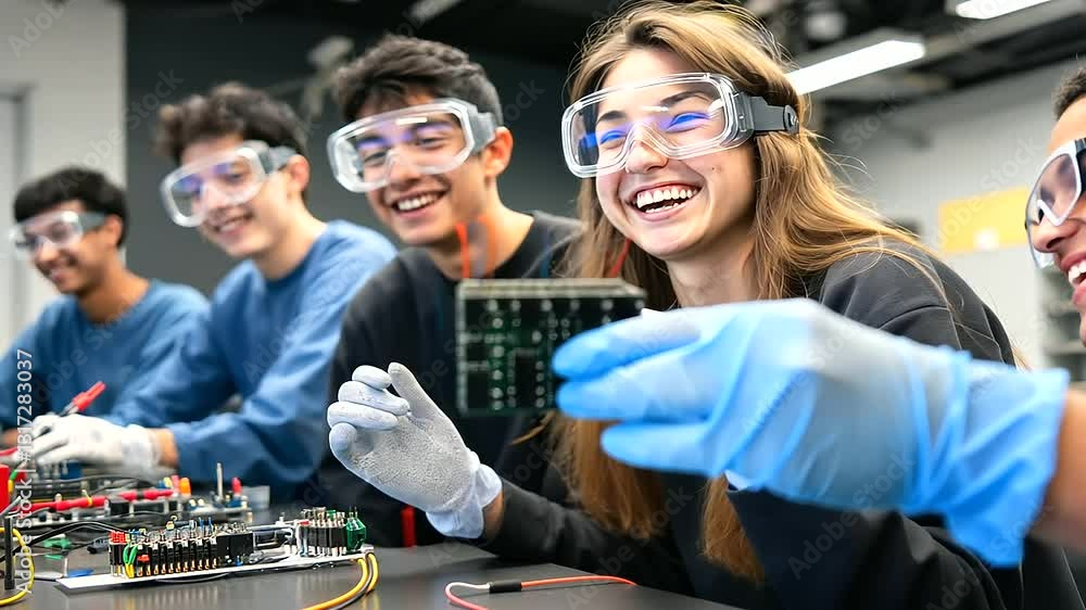 Poster a group of young electrical students in insulated gloves and goggles laugh while presenting their fu