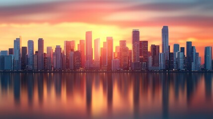Naklejka premium Scenic City Skyline at Sunset with Vibrant Colors and Reflections