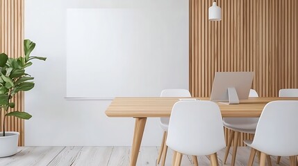 Modern Minimalist Office Space with Wooden Table, White Chairs, Plant, and Blank Canvas Wall
