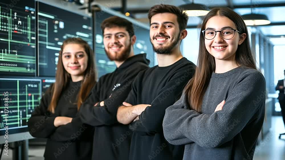 Poster a dynamic team of electrical students, surrounded by circuits and digital screens, proudly poses in 