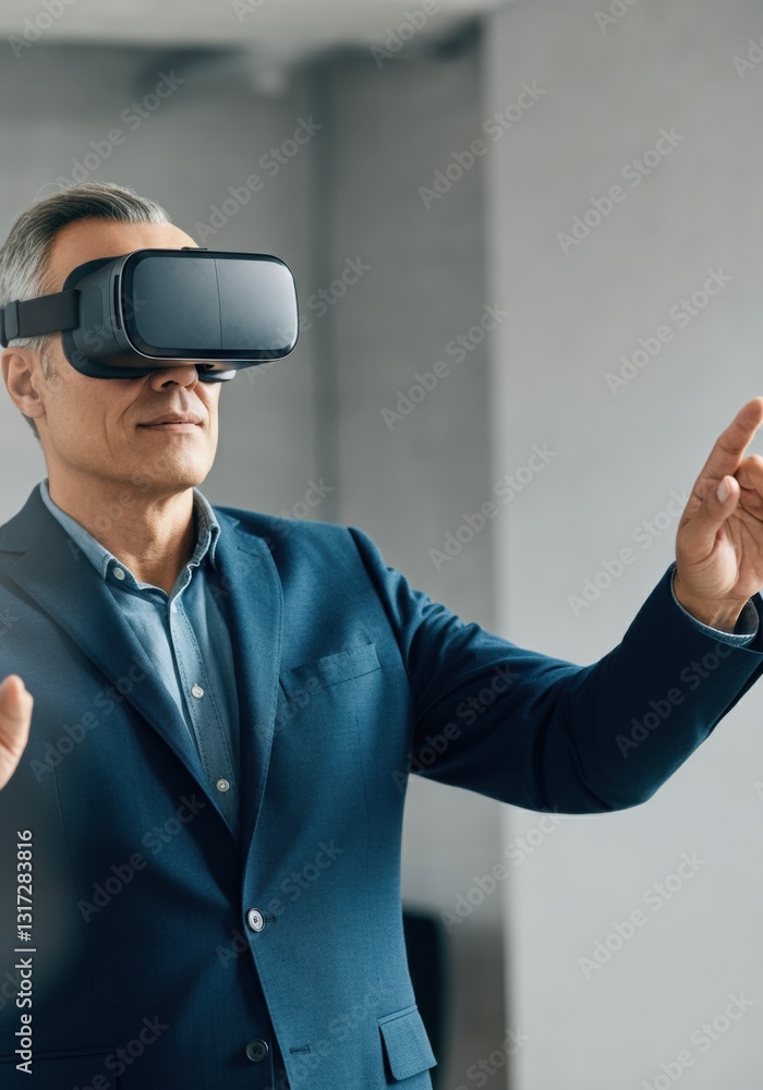 Poster man using virtual reality headset, exploring immersive technology experience