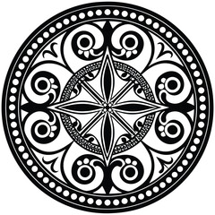 
A minimalist mandala with a central circular motif,
 surrounded by concentric layers of simplistic shapes like squares, triangles,
 and petals. The black line art is clean and bold,
 standing against