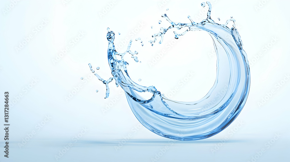 Poster dynamic blue water splash forming a circular wave with a clean minimalist background and light blue 