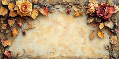 Floral frame, textured background, autumn leaves