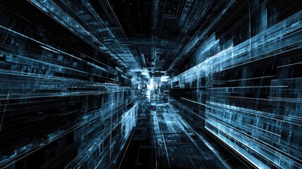 Abstract digital tunnel. Lines converge in a blue-toned, geometric perspective