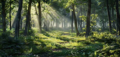 Obraz premium A tranquil forest landscape bathed in sunlight, where rays filter through the leafy green canopy, creating a serene and calming atmosphere.