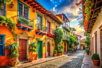 Vibrant Colorful Street Scene in a Charming South American Town with Colonial Architecture