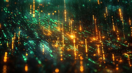 Abstract Digital Data Stream Glowing Green and Orange Binary Code Falling on Dark Background
