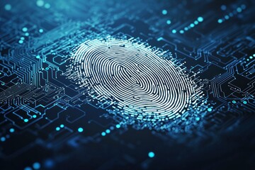 Digital fingerprint with circuit board pattern, shining with blue light