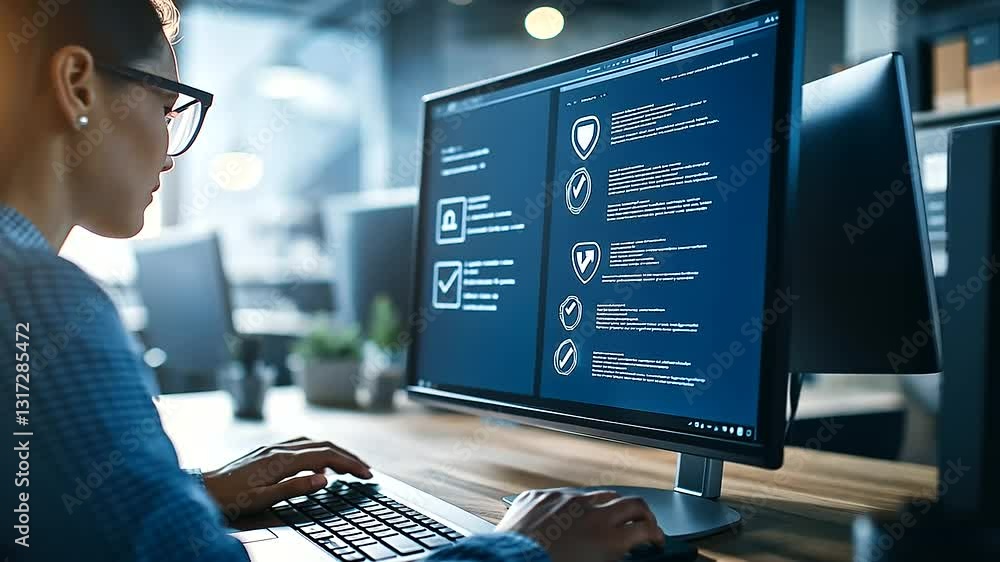 Poster a woman it specialist reviews cybersecurity protocols on a dual-screen workstation. floating securit