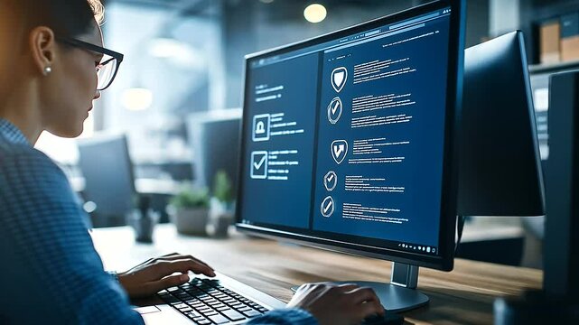 A woman IT specialist reviews cybersecurity protocols on a dual-screen workstation. Floating security icons and compliance checkmarks represent data integrity.