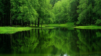 Fototapeta premium Lush Green Forest Lake Reflection