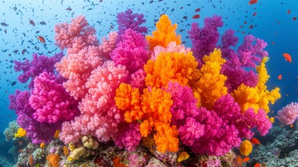 Fototapeta premium Vibrant coral reef teeming with life, showcasing a variety of coral colors including pink, orange, and purple, set against a clear blue ocean background. Small fish are visible.
