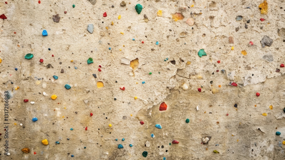 Poster A Worn Concrete Wall Covered with a Multitude of Colorful Objects, Creating a Patchwork of Texture and Hues