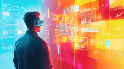 Man Wearing Virtual Reality Headset Analyzing Digital Data Visualizations