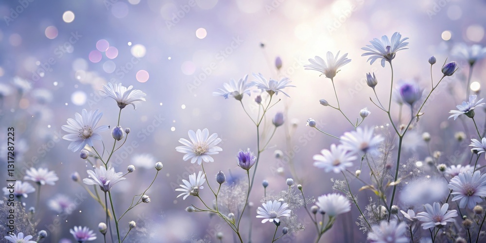 Poster soft white flowers blooming in a field with a blurred background of pastel colors and sparkling ligh