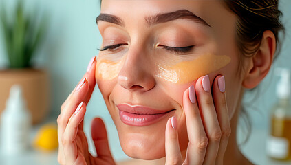A close-up of a woman’s radiant, youthful skin, glowing with hydration, as she gently applies serum or cream to her face. The blurred background features skin care products and fresh plant ingredient