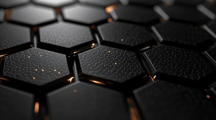 Hexagon dark background. Black honeycomb abstract metal grid pattern technology wallpaper.