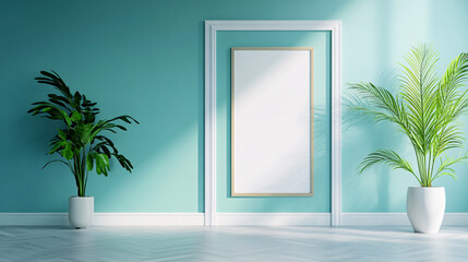 A bright, minimalist room featuring a large mirror, teal walls, and two potted plants, creating a serene and inviting atmosphere.