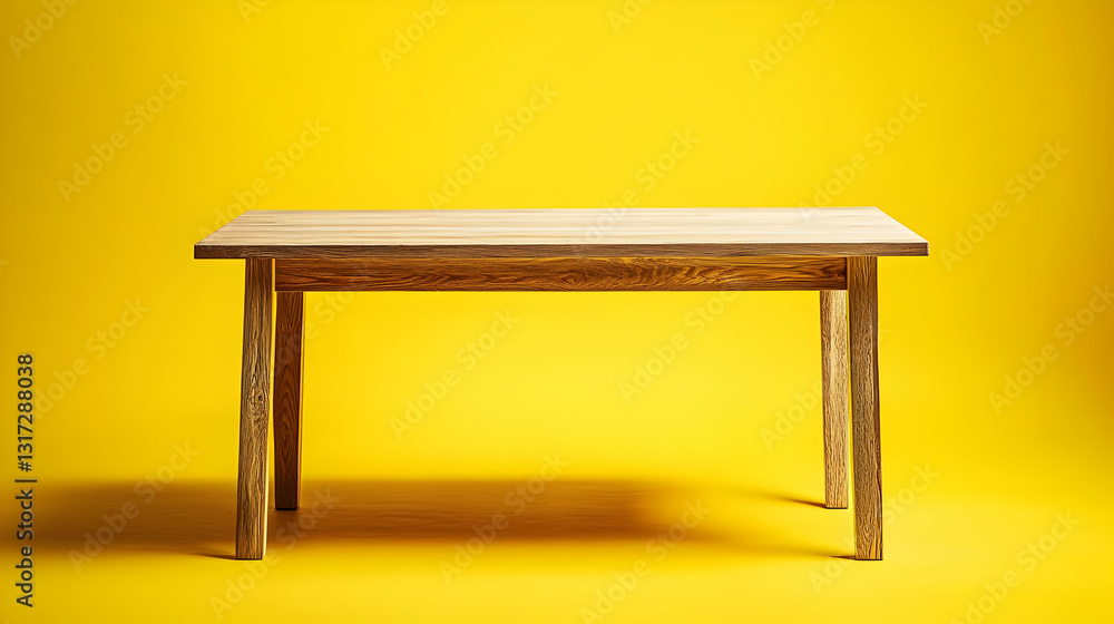 Poster rustic wooden table against a vivid yellow backdrop in a studio setting with ample copy space ideal 