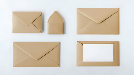 Five Brown Kraft Envelopes Arranged on White Background Featuring Open Envelope with Blank White Card for Message or Invitation