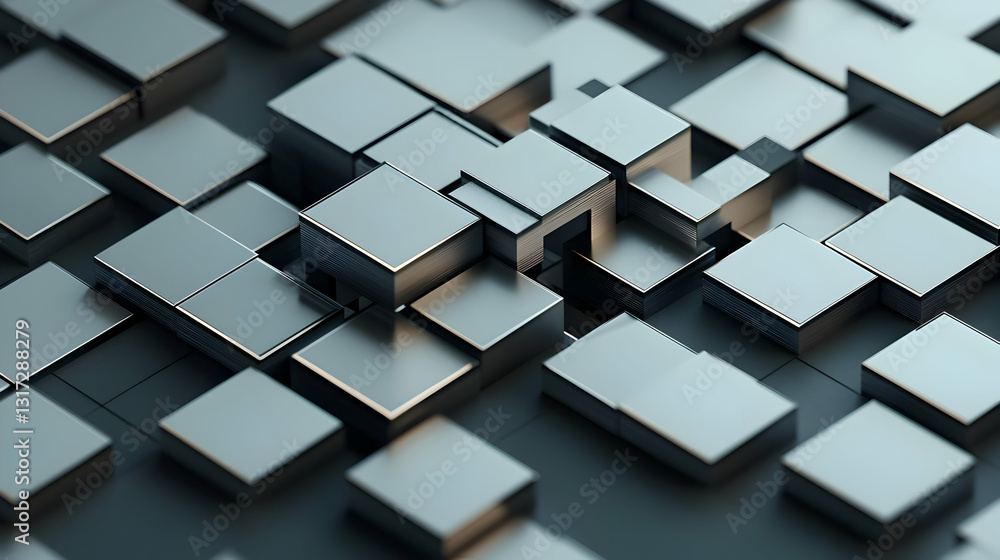 Poster abstract 3d render of metallic silver cubes in a geometric pattern with dark and light shadows