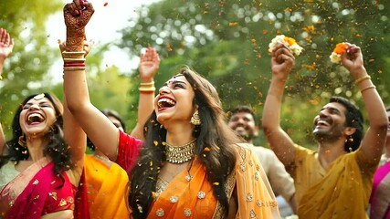 Indian women in bright sarees and men in elegant kurtas laugh as they toss flower garlands into the air, celebrating the joy of togetherness.