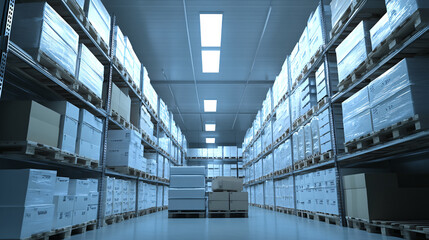 Fototapeta premium A spacious warehouse filled with neatly stacked boxes on shelving units, illuminated by bright overhead lights.