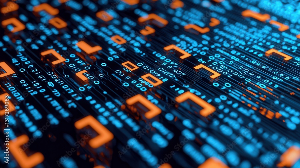 Poster digital circuit board with blue and orange elements and patterns