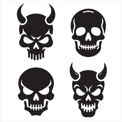 Demon Skull Vector Set – Black and White Evil Skull Illustrations with Horns for Gothic and Tattoo Art