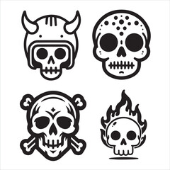 Horror Skull Vector Set &ndash; Spooky Skeleton Heads with Helmet, Flames, and Bones for Gothic and Tattoo Art