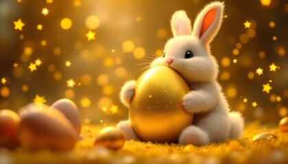 A giant fluffy Easter bunny hugs a huge golden egg, which sparkles with tiny stars, creating a magical and heartwarming holiday scene full of charm and whimsy.
