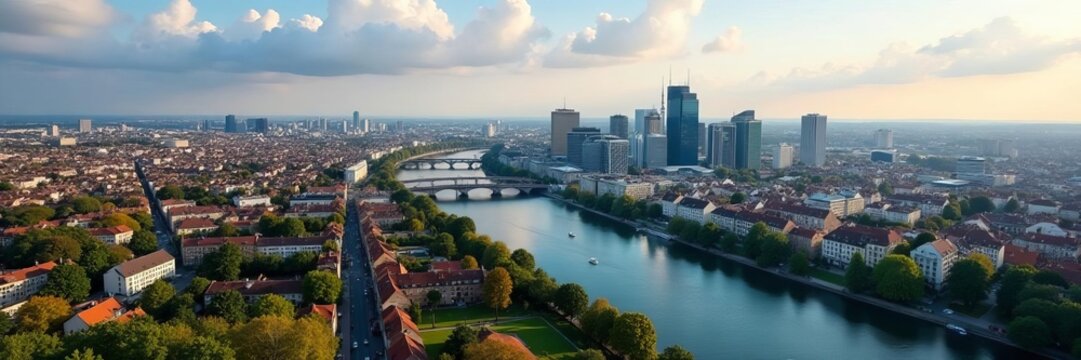 Panoramic view of Frankfurt cityscape with river from observation deck of Main Tower, buildings, city view - Powered by Adobe