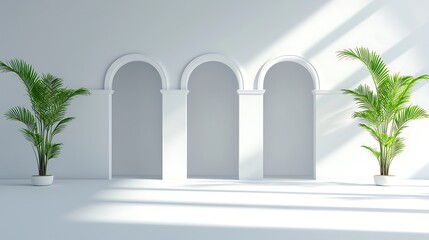 Fototapeta premium Modern Minimalist Interior Design with Arches and Green Plants in Bright Sunlight