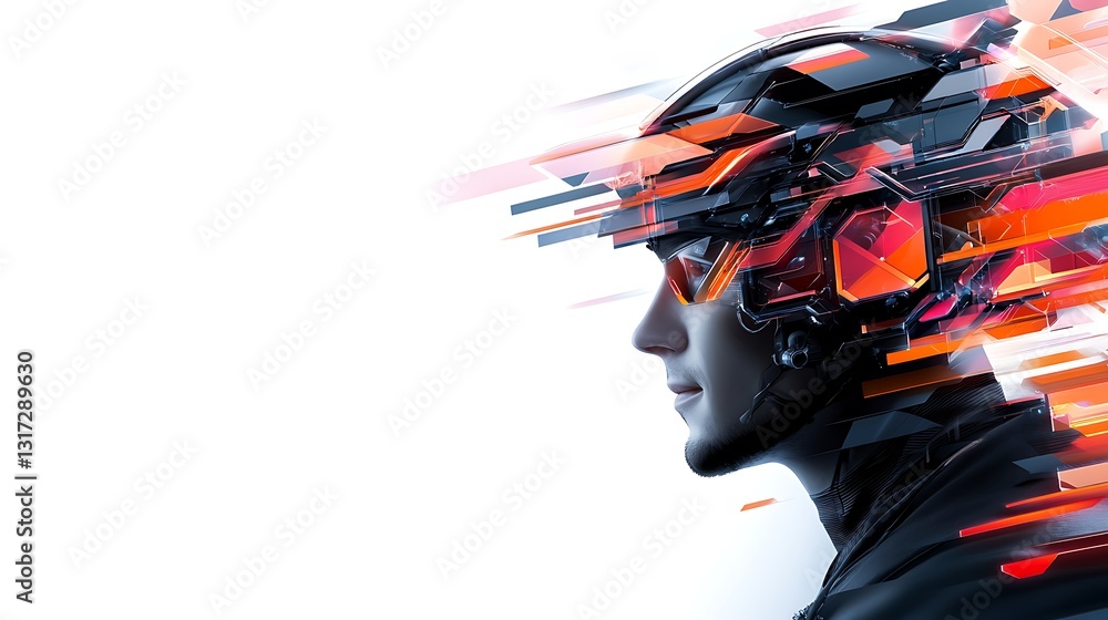 Poster futuristic avatar in a high-tech helmet with abstract graphic design elements