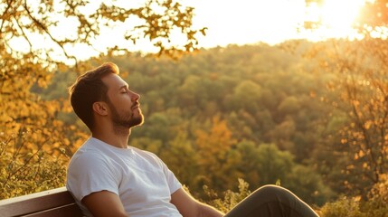 Mindful relaxation on a park bench, enjoying the breeze and sunlight, embracing a simple and peaceful feel-good moment.