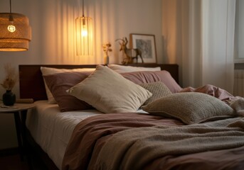 Fototapeta premium Cozy bedroom with soft pillows and warm lighting for a relaxing atmosphere