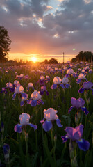 Obraz premium Golden Hour Magic: Vibrant Purple and White Iris Flowers Blooming in a Serene Meadow at Sunset