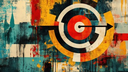 High-contrast art collage depicting brand positioning strategies with a circular target, symbolizing strategic marketing approaches and business growth..