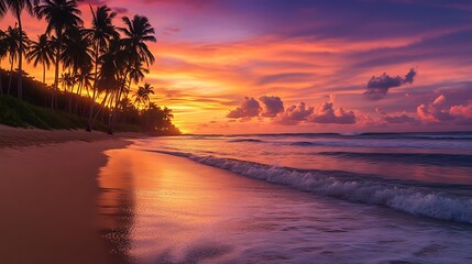 Naklejka premium Tropical Paradise: Stunning Sunset Beach with Palm Trees and Vibrant Colors, Ideal for Travel and Vacation Imagery.