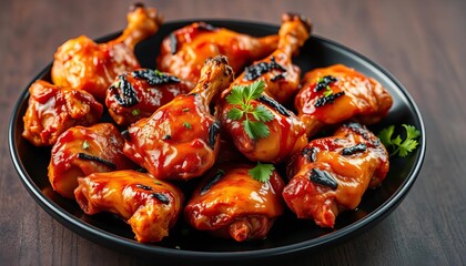 Succulent tandoori chicken pieces arranged on a sleek black plate,  culinary, delicious