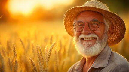 Fototapeta premium Smiling senior man with a white beard, wearing a straw hat and glasses, stands in a golden wheat field at sunset. Warm lighting illuminates his face.
