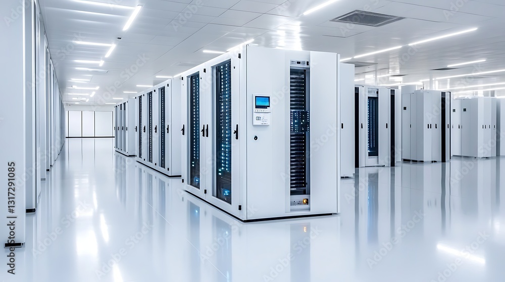 Poster modern data center with rows of server racks and bright fluorescent lighting inside facility