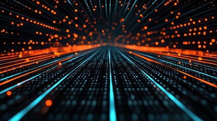 Fototapeta premium Abstract Digital Background with Neon Lights and Dots in Perspective